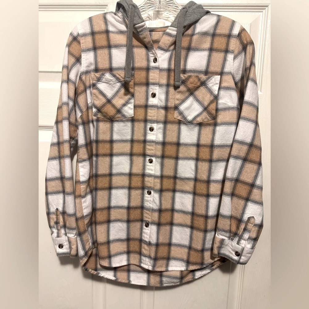 Cabela’s Natural Reflections tan/gray/white hooded flannel shirt. Size Medium. - Picture 2 of 7